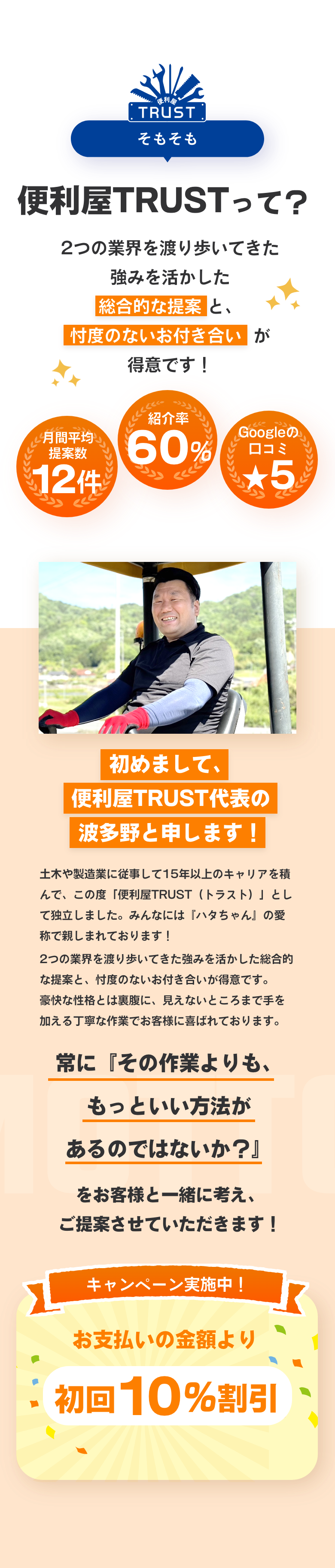 便利屋TRUSTは、2つの業界を渡り歩いてきた強みを活かした総合的な提案と、忖度のないお付き合いが得意です！